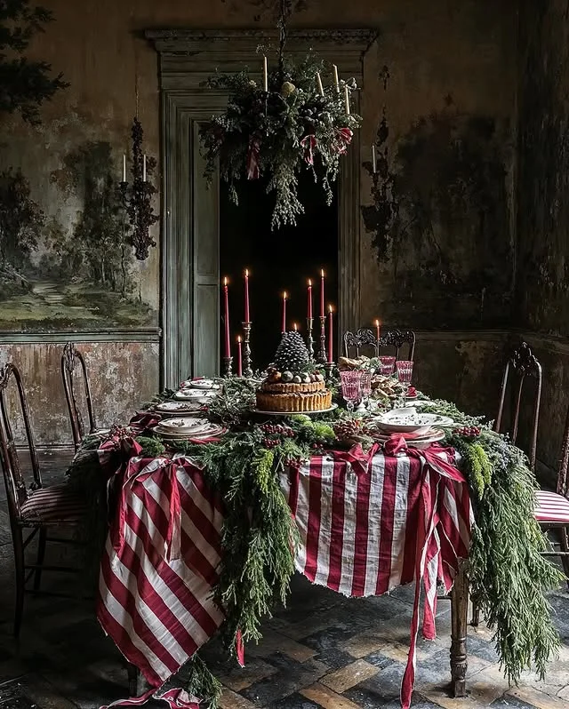 Vintage Christmas table with red and white striped cloth and evergreen garland