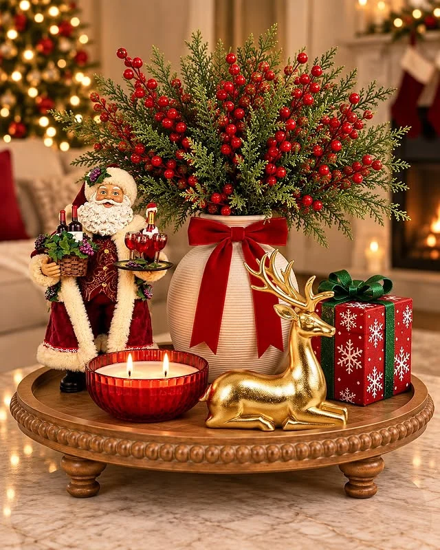 Christmas tray with Santa figurine, reindeer, red bow vase, and gifts