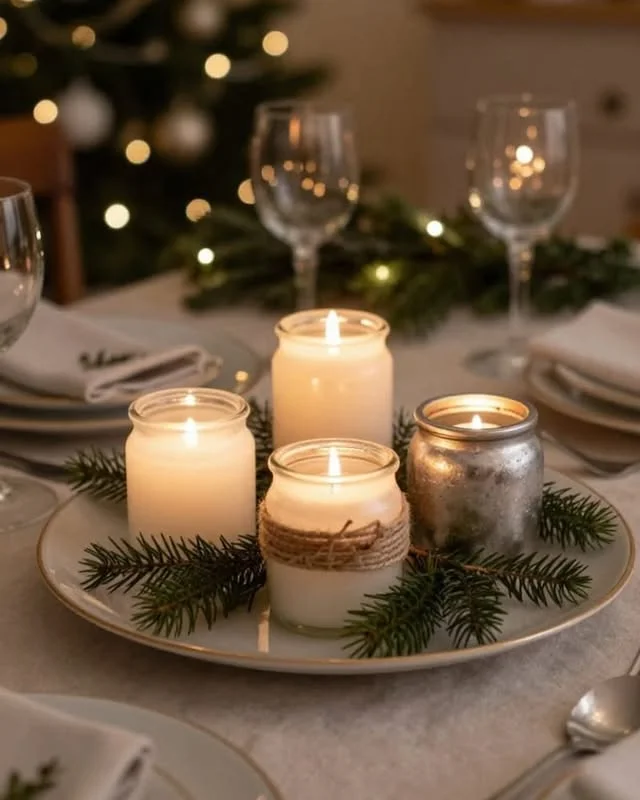 Simple Christmas candle cluster on a plate with evergreen sprigs