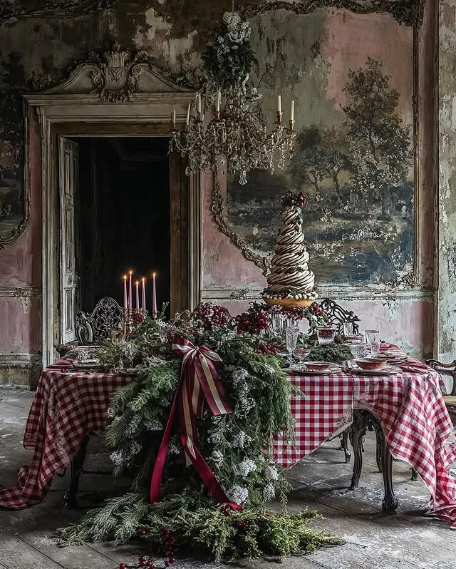 Vintage Christmas table with red gingham cloth, garlands, and candles