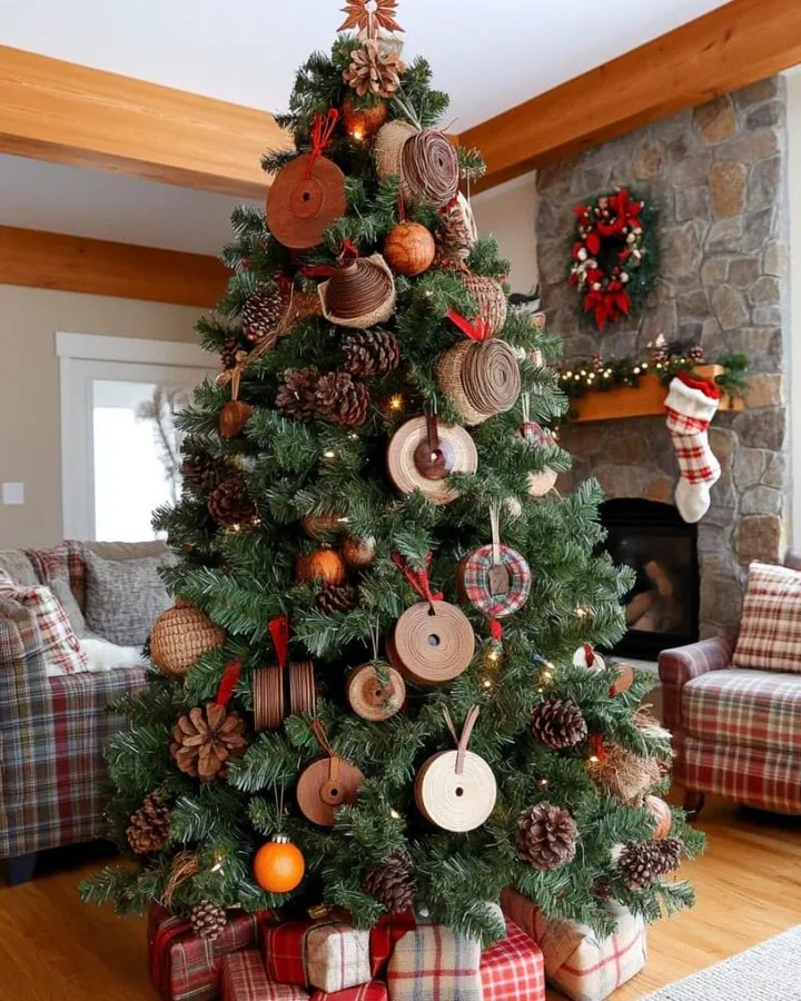 Rustic christmas tree with dried orange slices, pinecones and wooden ornaments