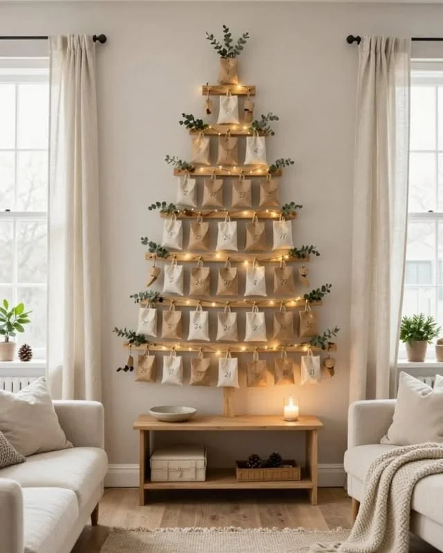 Wooden plank advent calendar tree mounted on a white wall