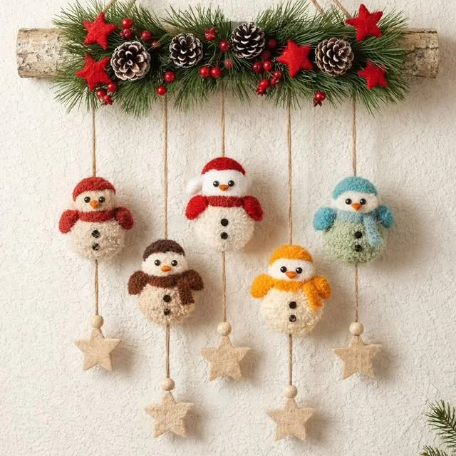 Birch log wall hanging with snowman ornaments and pine garland