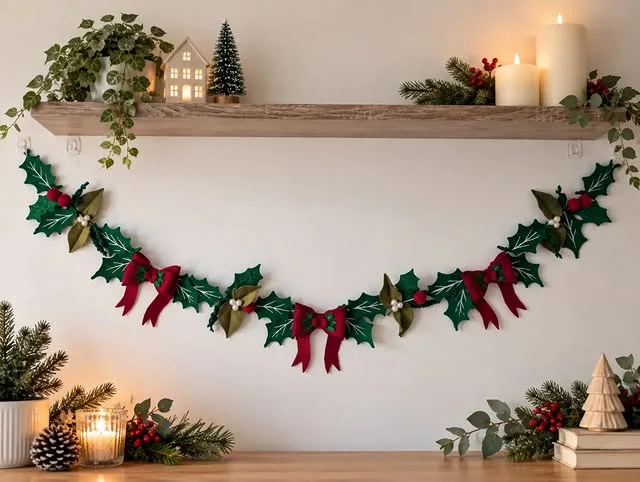 Wooden floating shelf styled with Christmas candles, holly garland and greenery