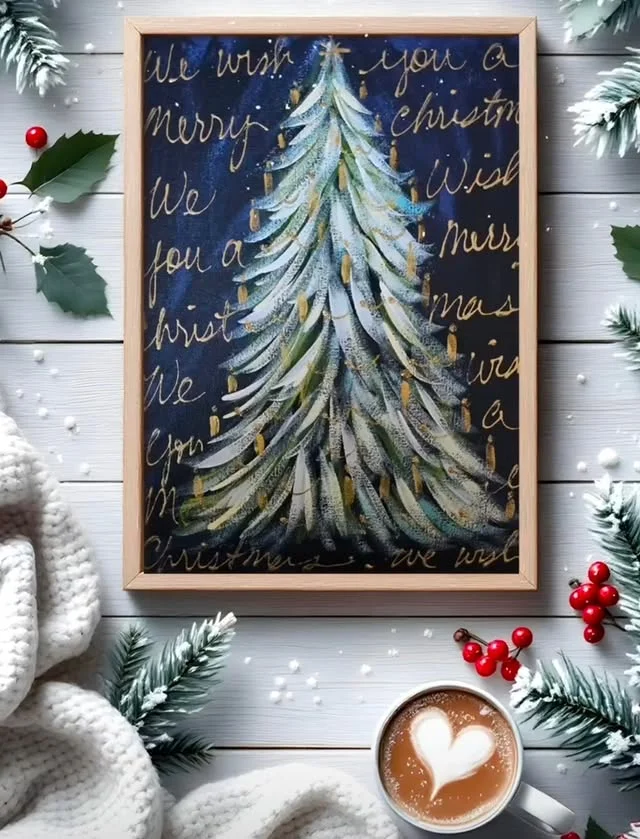 Framed chalkboard style Christmas tree art print with holiday lyrics