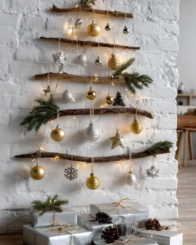 Wall mounted Christmas tree made of wooden branches with gold ornaments