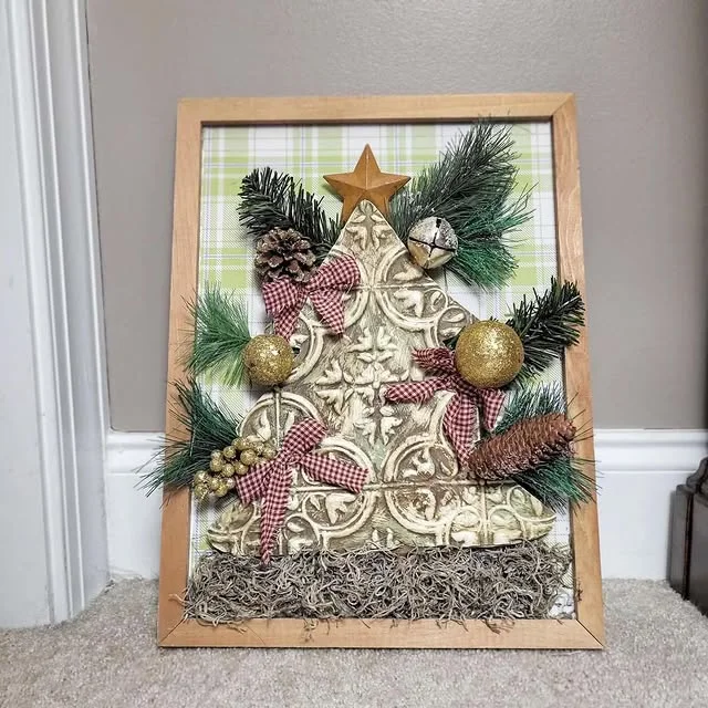 Farmhouse style framed metal Christmas tree wall art