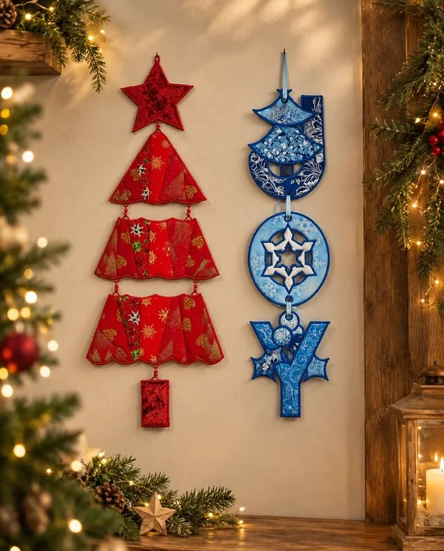 Red and blue fabric Joy Christmas tree wall hangings