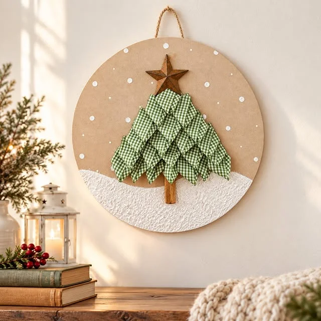 Round wooden wall plaque with gingham Christmas tree