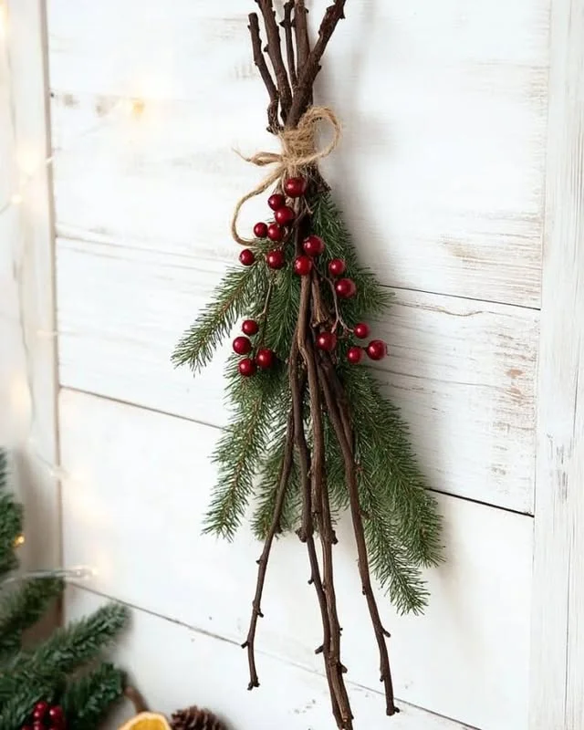 Twig bundle wall hanging with evergreen sprigs on white shiplap