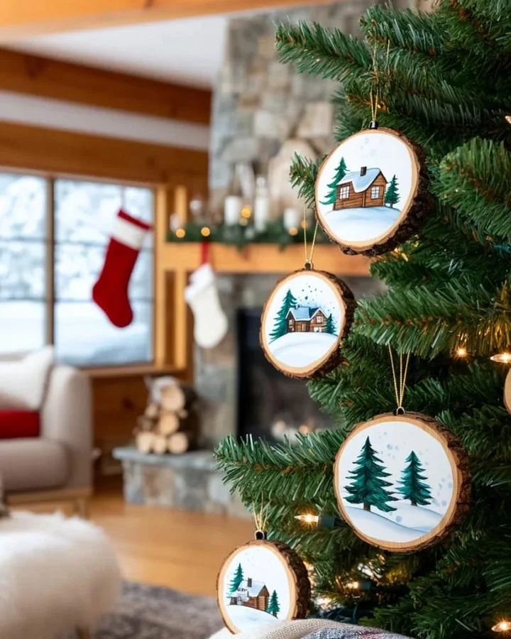 Hand painted wood slice ornaments with snowy cabin scenes hanging on a Christmas tree