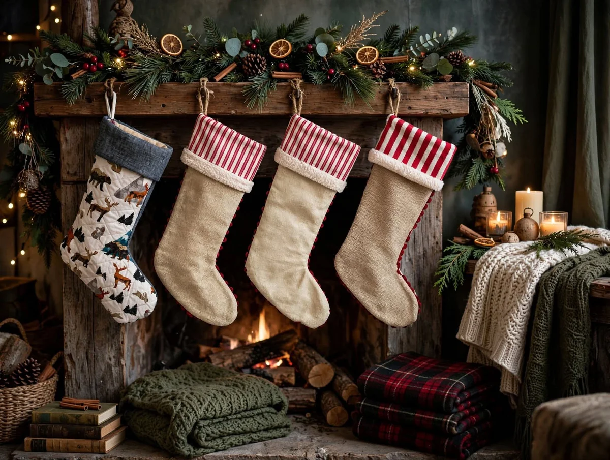Rustic wooden mantel with a pine garland studded with dried orange slices and mismatched stockings