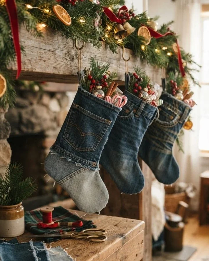Stockings sewn from old denim jeans hung from a rough wood beam mantel
