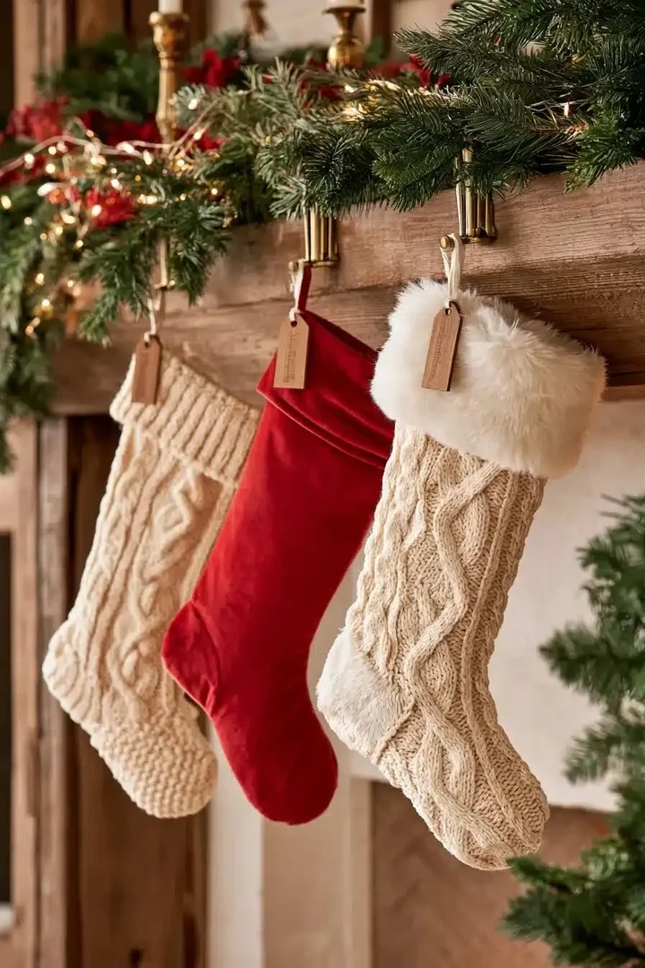Three stockings in cream cable knit and red velvet hanging from a wood mantel