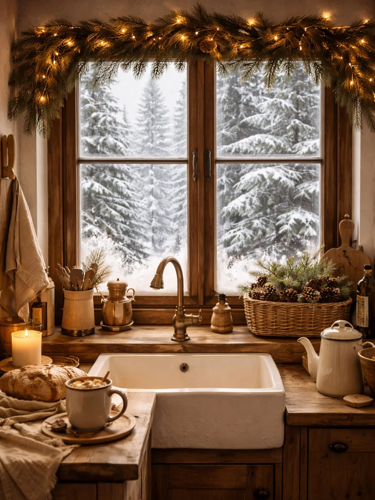 Farmhouse kitchen sink under a snowy window framed with a lit evergreen garland