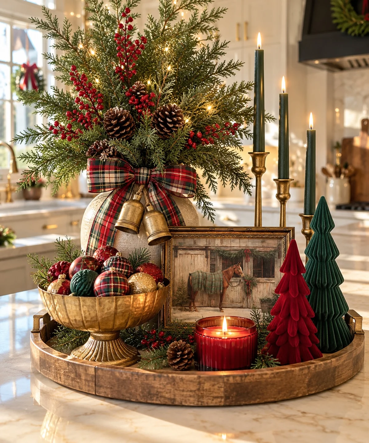 Wooden tray on a kitchen island styled with a berry and pine arrangement