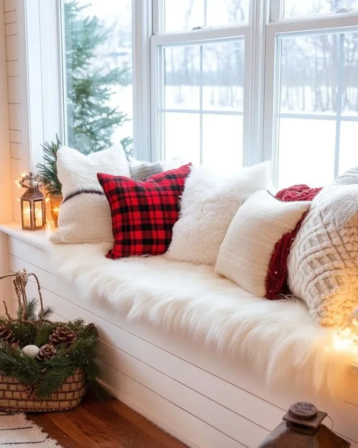 White window seat covered in a faux fur throw with buffalo check and knit pillows