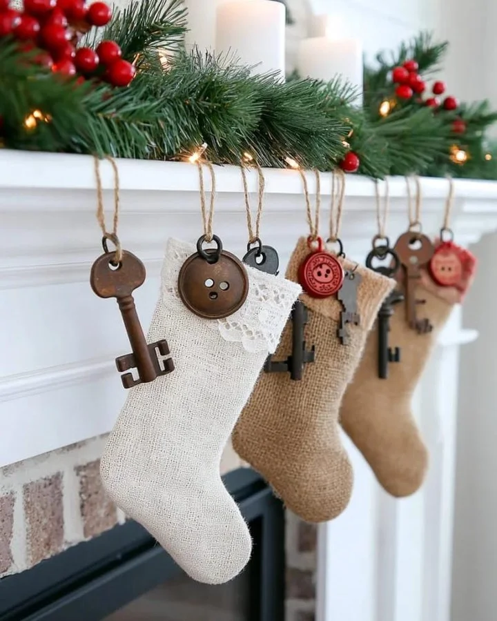 Burlap and lace stockings on a white mantel hung from twine loops with antique skeleton keys