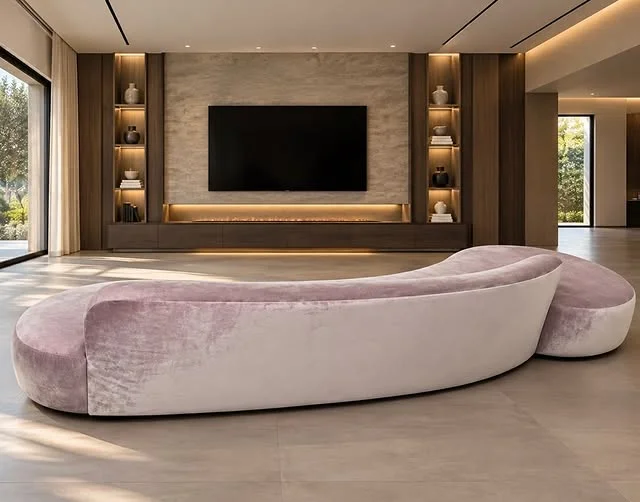 Living room with a curved crescent sofa