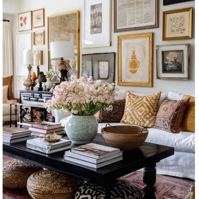 Gallery wall with mixed frames above a living room sofa