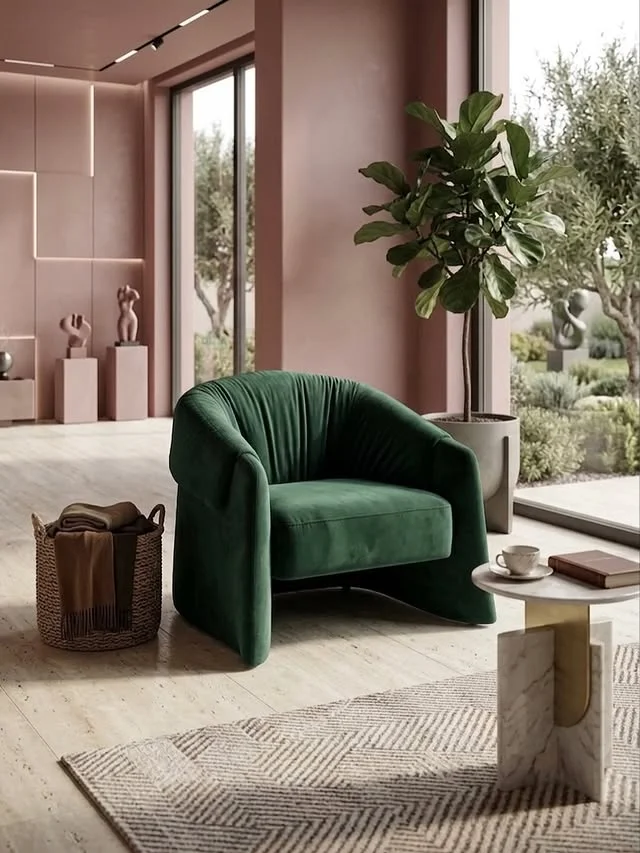 Living room with a bold colored accent chair