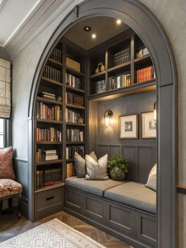 Cozy reading corner with armchair, lamp, and side table