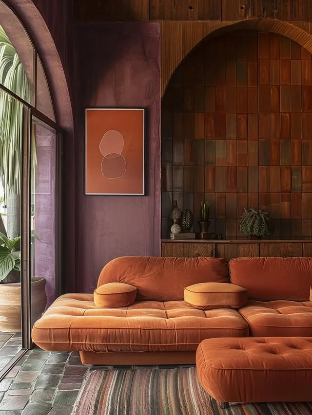 Living room in earthy terracotta and clay tones