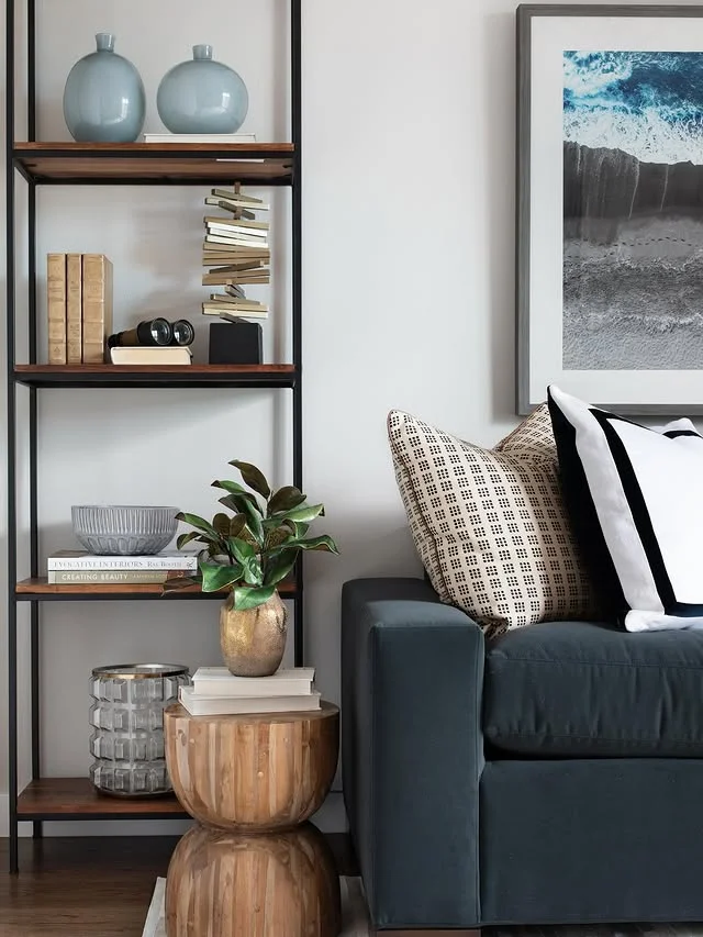 Minimalist open shelves styled in a living room