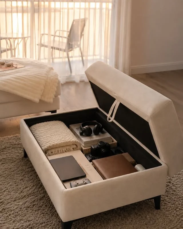 Storage ottoman in a bright living room