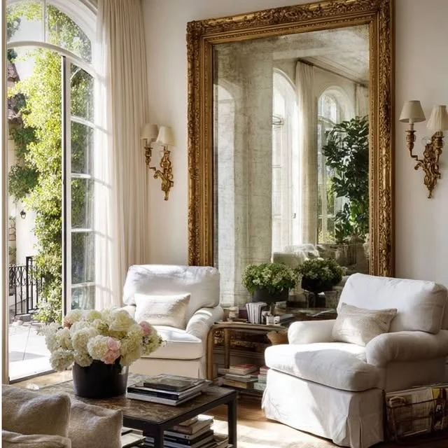 Large ornate mirror on a living room wall
