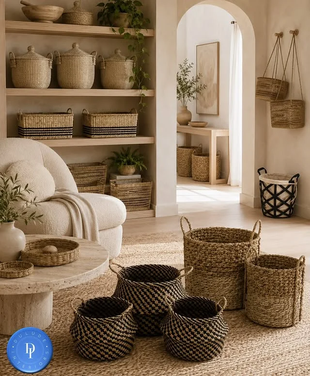 Woven storage baskets in a living room