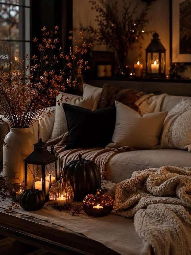 Candles glowing in a living room