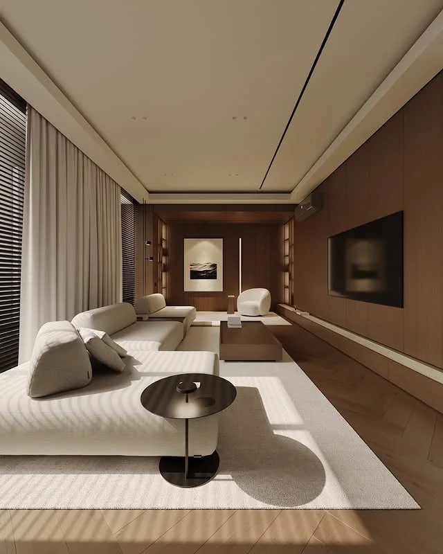 Sleek modern living room with cream sofa and wood paneling