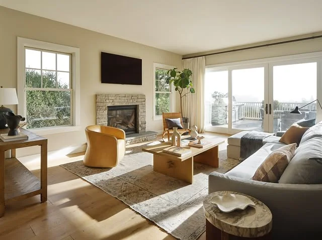 Sunlit modern living room with stone fireplace and tan swivel chair