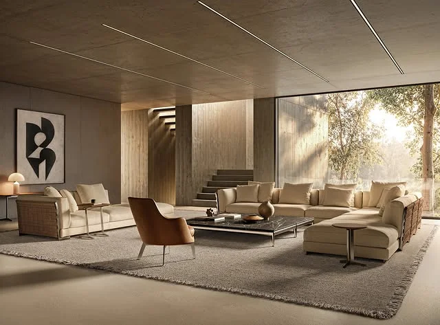 Minimalist concrete living room with neutral sectional and tall windows