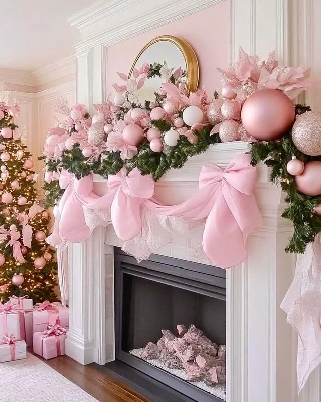 Fireplace mantel decorated for Christmas with blush pink bows, pink and white ornaments, and a matching pink tree