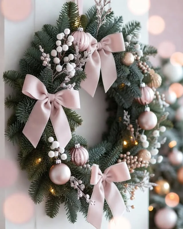 Evergreen Christmas wreath decorated with blush pink satin bows, pink ornaments and warm lights