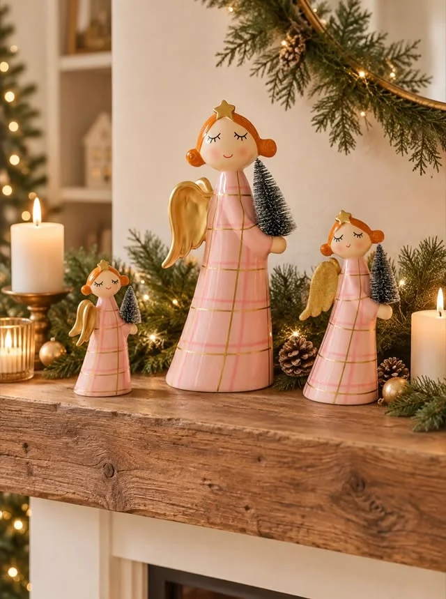 Ceramic angel figurines in pink plaid dresses with gold wings on a wooden mantel