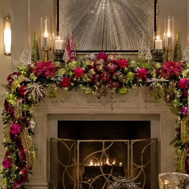 Fireplace mantel with a bold Christmas garland in hot pink, lime green and gold