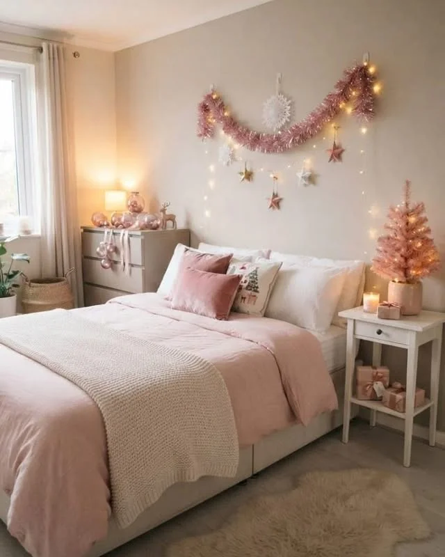 Pink bedroom decorated for Christmas with a pink tinsel garland, star ornaments and a small pink tree