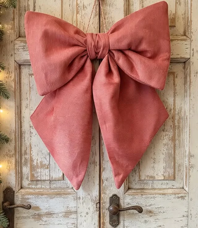 Oversized blush pink fabric bow hanging on a white wooden door